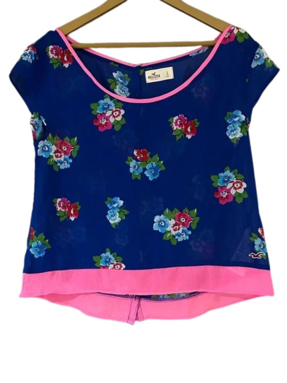 Hollister Blue Floral Sheer Blouse Pink Trim Button Back Top Lightweight Summer